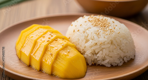 A traditional Thai dish, Khao Niew Mamuang, is a sticky rice with mango. Slices of ripe mango sit next to sticky rice with coconut and sprinkled with sesame seeds on a bamboo plate.