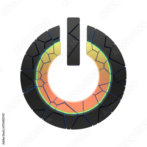 Futuristic 3D power button icon with glowing orange and green energy, perfect for technology and innovation designs, a symbol of control and activation