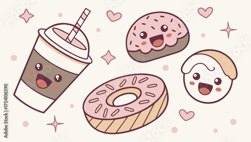 Adorable kawaii dessert and drink collection featuring donuts, coffee, and a pastry with cute smiling faces and hearts