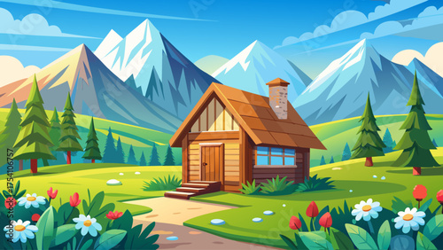 Flat minimal cartoon of a small wooden cabin in springtime valley with green grass, wildflowers, snow-capped mountains, and clear blue sky under bright morning sunlight.