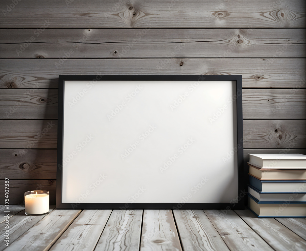 Naklejka premium Close-up of blank black picture frames on grey weathered wooden boards background