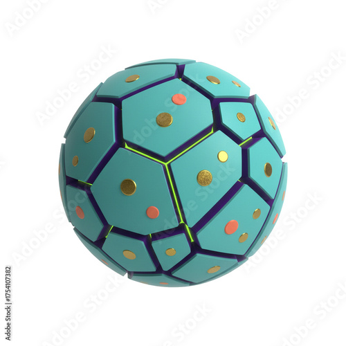 Modern geometric sphere design with teal, gold, and purple accents, perfect for technology, science, or innovative branding projects, dynamic and eye catching