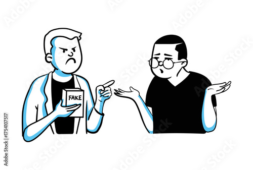 Misinformation Confrontation Illustration of Two People Disputing Over a "Fake" Label