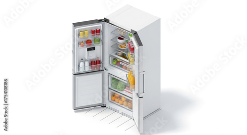 Open refrigerator full of food, showcasing a variety of fresh produce and groceries for healthy eating and lifestyle