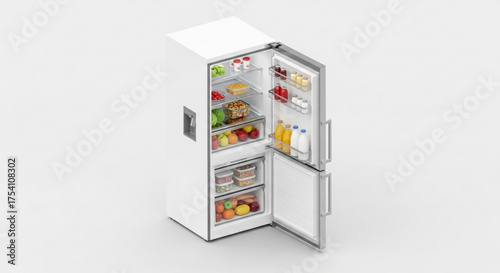 Open refrigerator full of food, displaying an assortment of fresh produce and groceries for a balanced diet and lifestyle