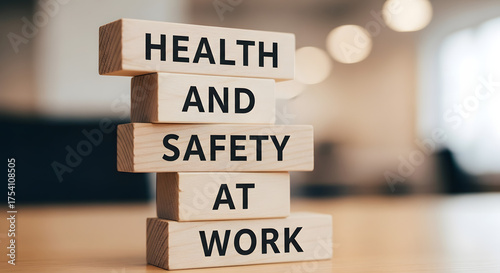 Wooden blocks stacked to spell health and safety at work on a wooden table in a bright office environment for workplace safety concept