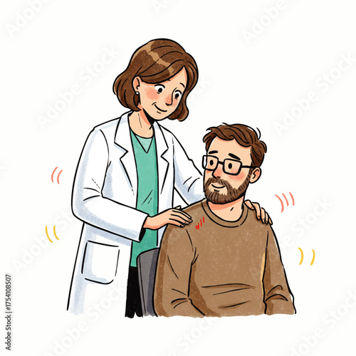 Doctor Examining Man for Shoulder Pain Illustration Healthcare Consultation for Muscle Ache and Discomfort