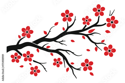 Stylized vector illustration of a blooming cherry blossom branch with red flowers.
