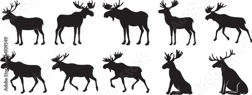 A group of Moose animal silhouette vector, black and white silhouette vector illustration