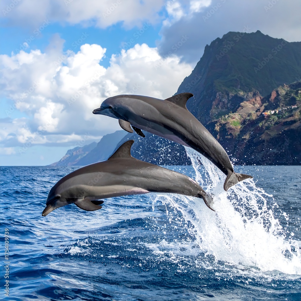 Fototapeta premium Two dolphins leaping from ocean waves against a mountainous backdrop