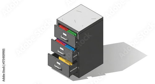 Isometric filing cabinet with open drawers, showcasing colorful files, perfect for office organization and data management