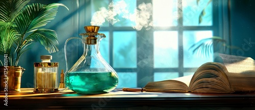 Steaming Potion, Open Book, and Tropical Plant on Wooden Table.