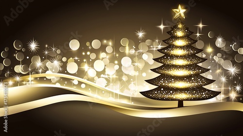 Golden Festive Tree: A majestic Christmas tree shines with radiant lights, casting a warm, inviting glow. This elegant design captures the spirit of the season with its rich.