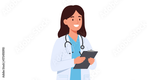 Smiling female doctor holding a clipboard with a stethoscope around her neck, ready to assist