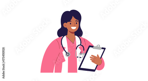 Smiling female doctor in pink scrubs holding a clipboard, ready to assist patients with medical care and diagnosis