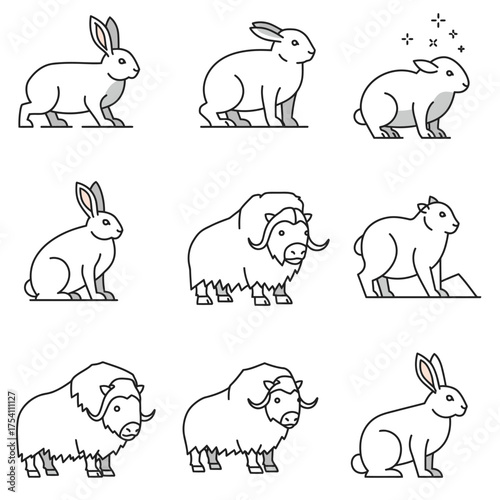 A collection of minimalist line art icons featuring various rabbits, hares, and powerful musk oxen, perfect for graphic design projects and educational materials.
