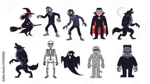 A diverse collection of classic cartoon Halloween monster character illustrations