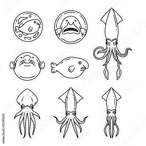 Charming line art depicts deep-sea creatures: pufferfish, blobfish, squid, and octopus, ideal for playful marine-themed designs and stickers.