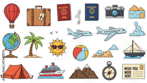 Hand-Drawn Travel and Vacation Essentials Collection – A Concept of Global Exploration and Holiday Adventure Doodle Set