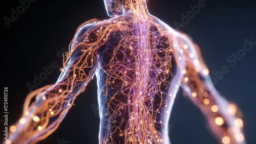 Unveiling the Inner Landscape: A detailed visualization of the human lymphatic system, showcasing its intricate network within the body, illuminated against a dark backdrop.