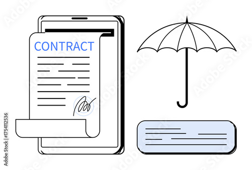 Tablet with signed contract and umbrella above symbolizing legal security, data protection, and risk management. Ideal for business, insurance, cybersecurity, agreements, e-commerce, trust