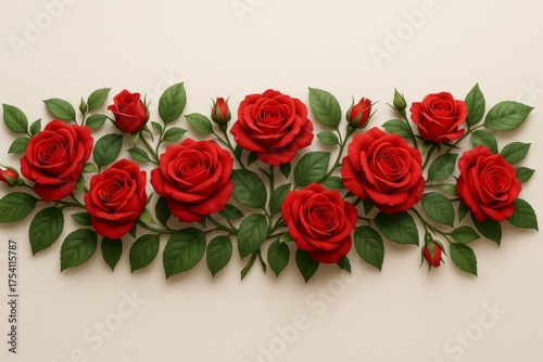 A vibrant display of red roses and lush green leaves. The roses are in full bloom and leaves are the perfect complement to the rose color, creating a sense of natural beauty