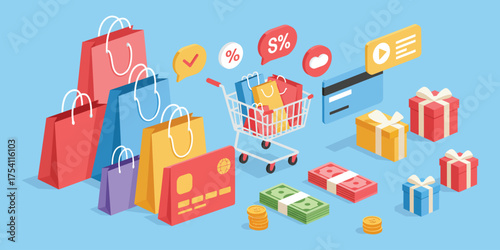 Shopping cart, bags, credit cards, gifts, and money illustration for online commerce and retail