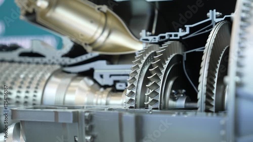 A cross-sectional model of an aircraft turbojet engine, presumably