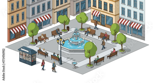 Isometric Illustration of a Vibrant City Square with People Relaxing and Enjoying a Peaceful Afternoon in a Public Space