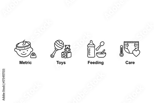 Baby care outline icon set. Newborn and infant symbols for metric measurement, toys, feeding, and health. Vector line pictogram collection isolated on white background.