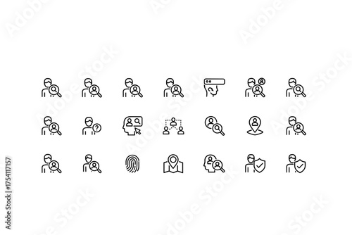 Person search and user analysis line icon set. Concepts of headhunting, HR, recruitment, candidate selection, employee verification, biometric identification, and profile data.