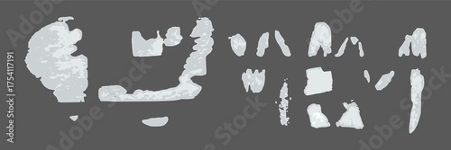 Set of white fragments of torn and ripped paper with adhesive residue on wall. Scraps of advertisements or signs in urban environment. An aged, textured poster design in vector format