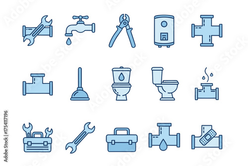 Plumbing maintenance icon set with pipe tools, faucets, water heaters, toilets, pipe fittings, leaks, plungers, and toolbox icons. Plumbing repair and home improvement vector symbols.