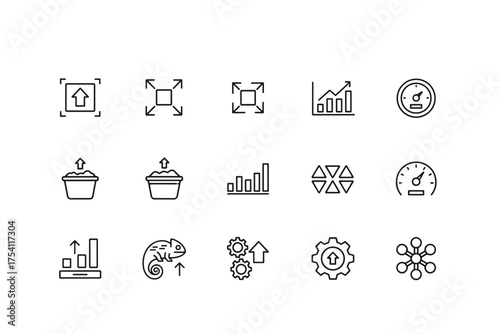 Scalability line editable icon set. Vector symbols for business growth and performance. Concepts of expansion, flexibility, capacity, efficiency, and development adaptability.