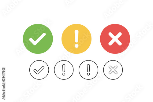 Vector check mark, exclamation, and cross icon set. Yes, no, and warning signs. Correct, incorrect, approve, decline symbols. Green tick, red X, yellow alert button.