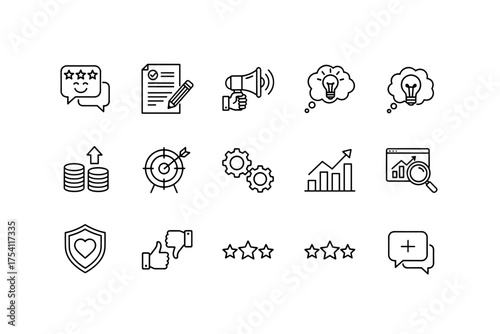 Line icon set for customer experience and business growth. Icons for feedback, review, marketing, strategy, analysis, and success. Vector symbols for rating, goals, and ideas.