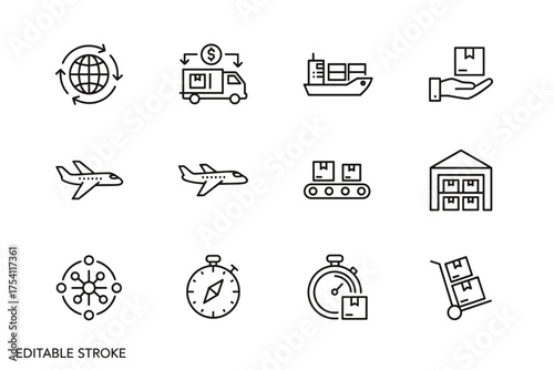 Logistics and distribution editable stroke line icon set. Symbols for supply chain, global shipping, cargo transport, warehouse management, and express delivery service.