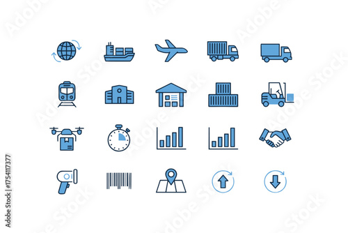 Logistics and shipping icon set. Vector symbols for transport, delivery, and supply chain. Includes globe, ship, plane, truck, train, drone, warehouse, forklift, barcode, map.