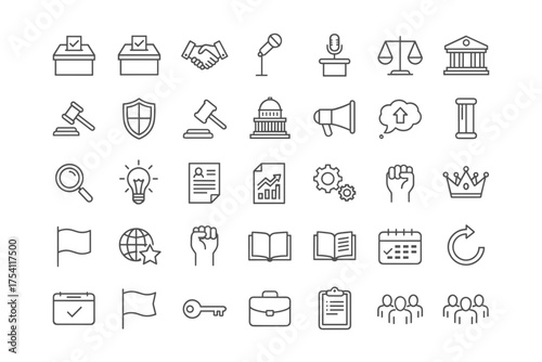 Politics and government outline icon set. Law, justice, and election symbols. Voting, court, and democracy icons. Includes gavel, capitol, ballot box, and protest fist.