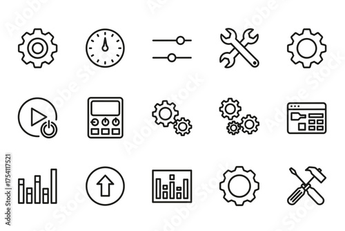 Settings line icon set for web and mobile UI. Vector collection of configuration, preferences, control panel, options, tools, setup, adjustment, and dashboard symbols.