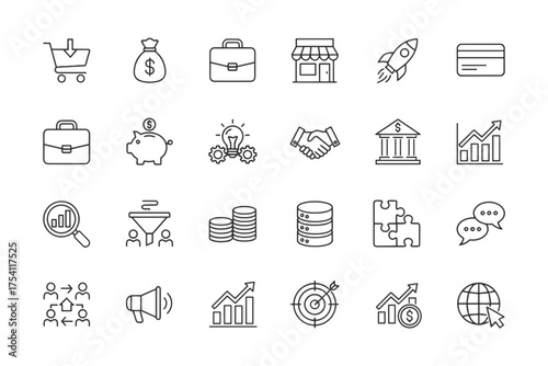 Business and finance line icon set. Vector collection for marketing, startup, e-commerce, banking, and investment. Editable stroke symbols of money, growth chart, and analysis.