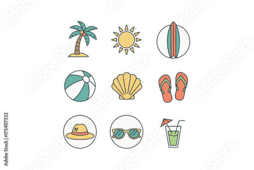 Set of summer beach stickers. Tropical vacation line art icons. Holiday travel graphic elements. Palm tree, sun, surfboard, beach ball, seashell, flip flops, hat, cocktail.