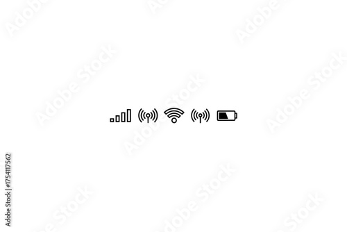 Mobile phone interface status bar icon set. Vector symbols for UI design. Includes cellular signal strength, wifi connection, wireless network hotspot, and battery charge level.