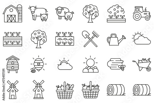 Farm and agriculture vector line icon set. Includes barn, tractor, cow, pig, sheep, windmill, beehive, harvest basket, fruit tree, and farming tools. Outline symbols.