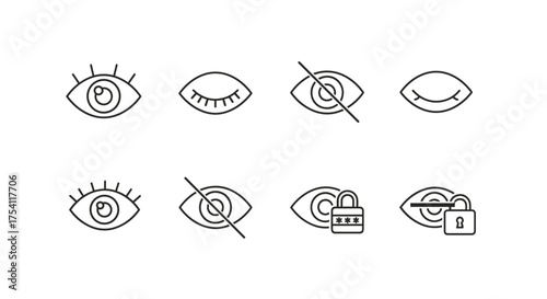 Eye vector icon collection. Show, hide password, and view content. Symbols for vision, security, privacy, and parental control. Sensitive data and access concepts for UI/UX.