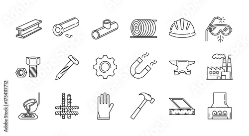 Metallurgy and metalworking line icon set. Steel industry, factory manufacturing, and construction concepts. Contains anvil, furnace, welding, and engineering tools. Vector.