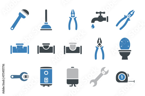 Plumbing maintenance vector icons set with pipe wrench, plunger, water faucet, plumbing tools, pipes, shower valve, toilet, water heater, wrench, and measuring tape symbols for repair and construction