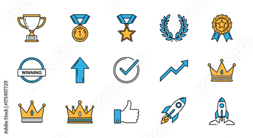 Success and achievement icon set. Winner trophy, award medal, victory laurel. Growth arrow, startup rocket launch. Quality check mark, thumbs up. Leadership crown symbol.