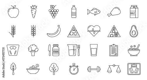 Healthy food and diet line icons set. Nutrition, fitness, and wellness concept. Vector symbols of fruit, vegetables, protein, sport, weight loss, and health care plan.