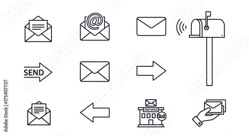 Mail and email communication outline icon set. Vector symbols for post, letter, message, send, receive. Envelope, mailbox, and post office for web and mobile design.